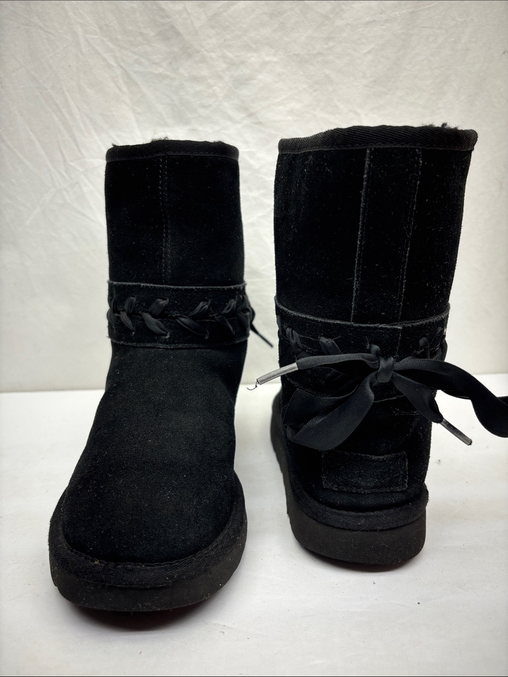 UGG Black Suede Mid-Calf Bow-Back Boots, SZ 7, box 87